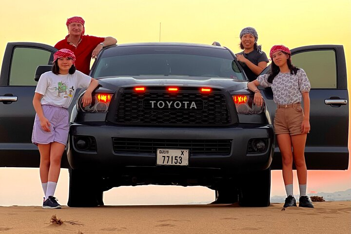 Experience the magic of the desert with a private 4x4 adventure exploring stunning landscapes encountering camels and enjoying a delightful BBQ buffet under the stars.